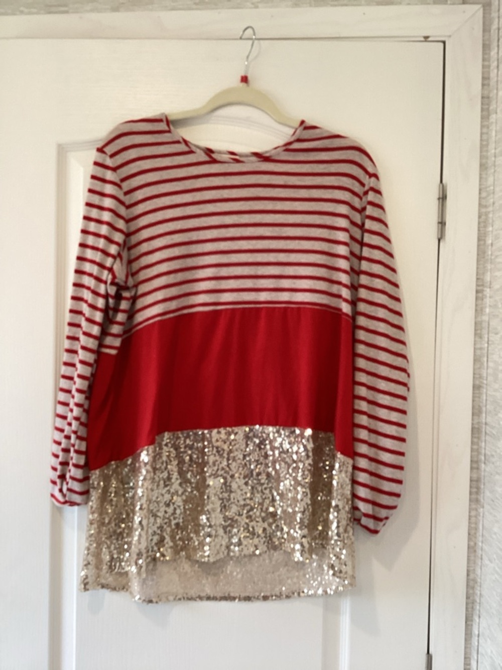 Southern Stitch Striped Red & Cream Sequin-Hem Long Sleeve Top 1XL EUC